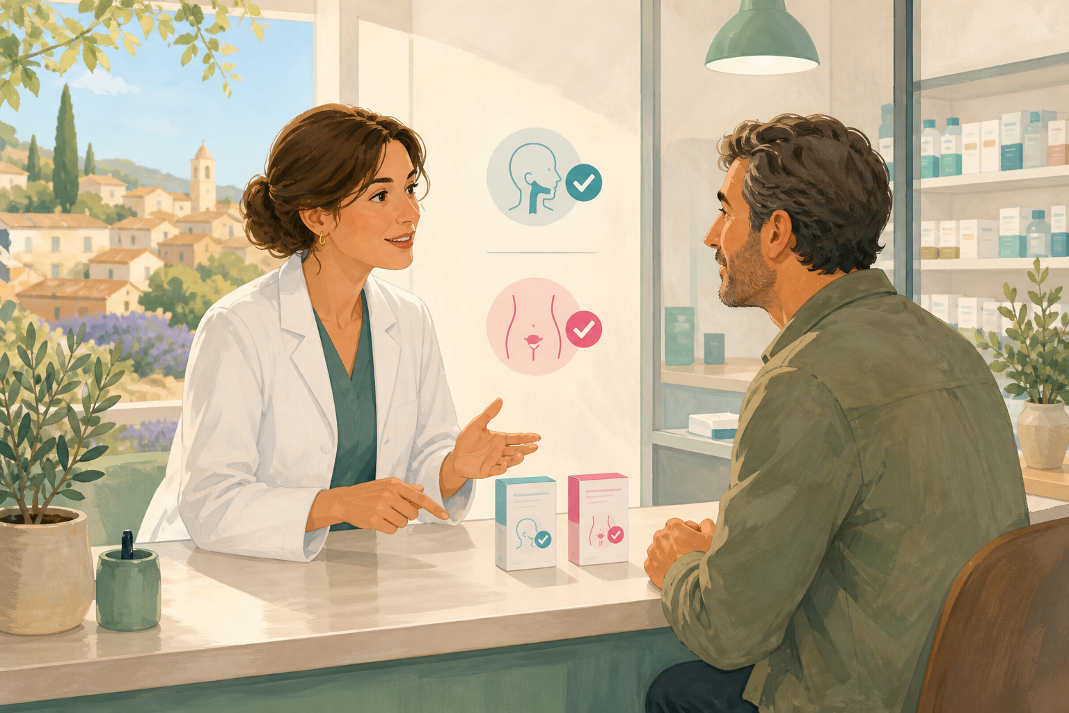 Illustration d’un pharmacien expliquant les tests rapides angine et cystite